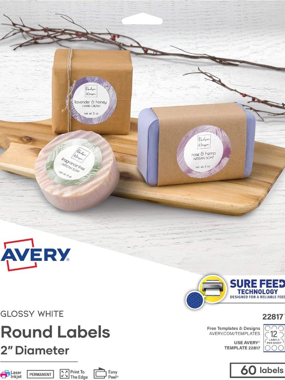 Printable Round Labels with Sure Feed Technology, 2" Diameter, Glossy White, Las